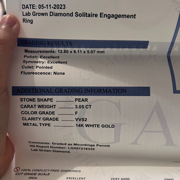 3.05ct pear shaped diamond solitaire ring in 14k white gold size 5.5 US - Picture 6 of 6